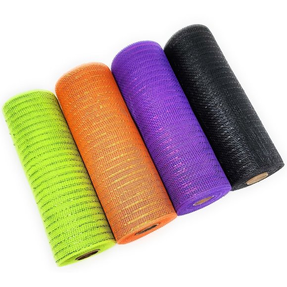 Halloween 10" Deco Metallic Mesh Ribbon Rolls (Orange, Black, Purple, Green) - Picture 1 of 3